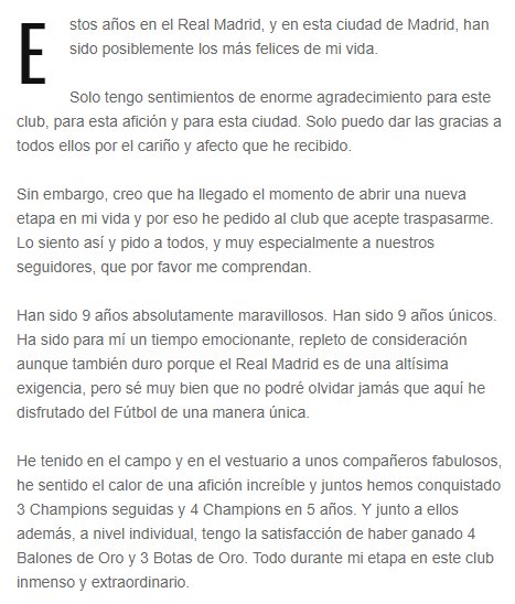 Carta de CR7 al Real Madrid