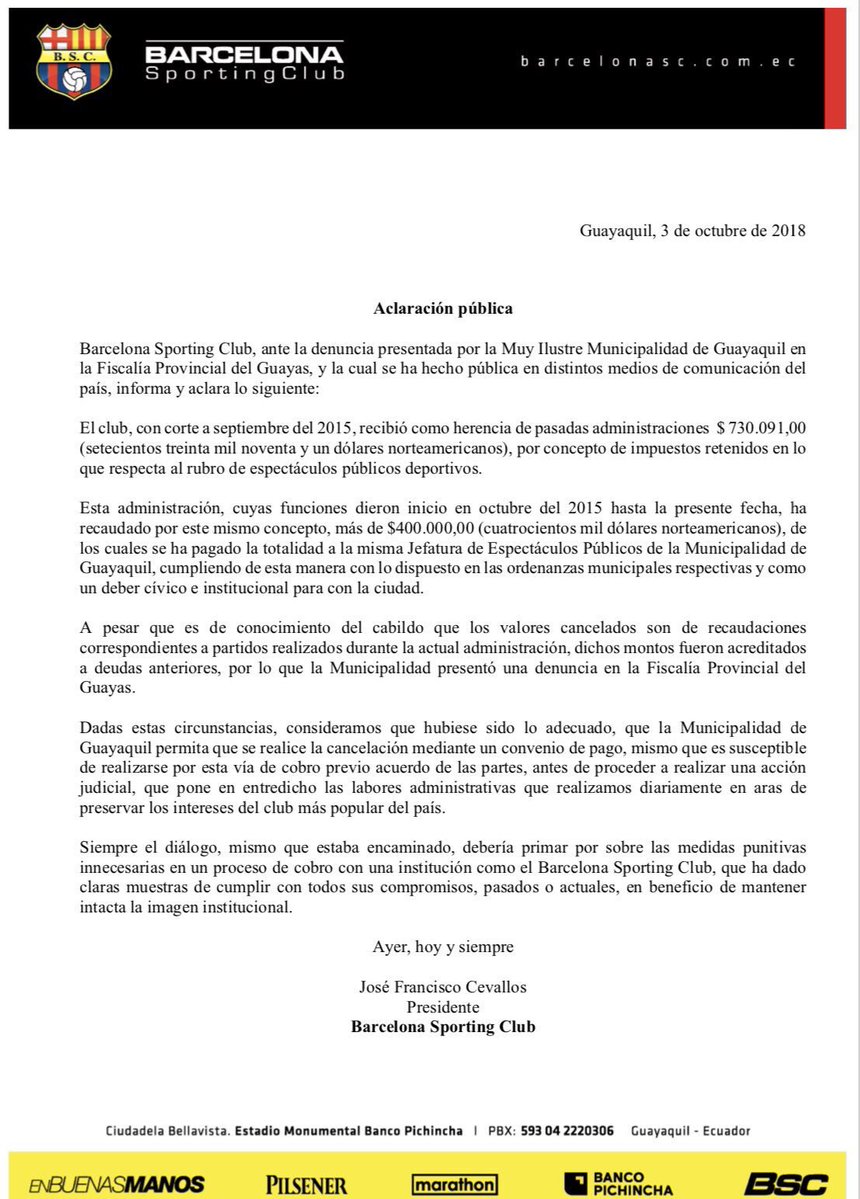 Comunicado BSC sobre supuesta deuda a la Alcaldía de Guayaquil