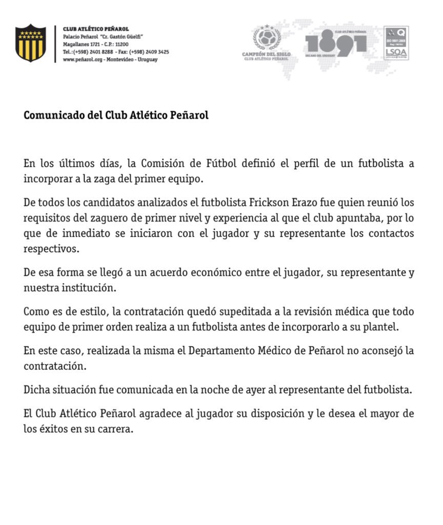 Comunicado de Peñarol sobre Frickson Erazo