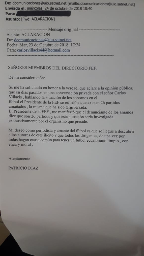 Documento con disculpas públicas de Patricio Díaz