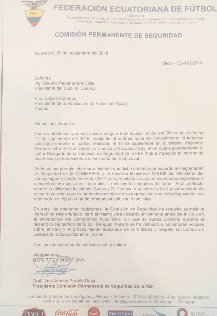 Documento de la FEF a Deportivo Cuenca