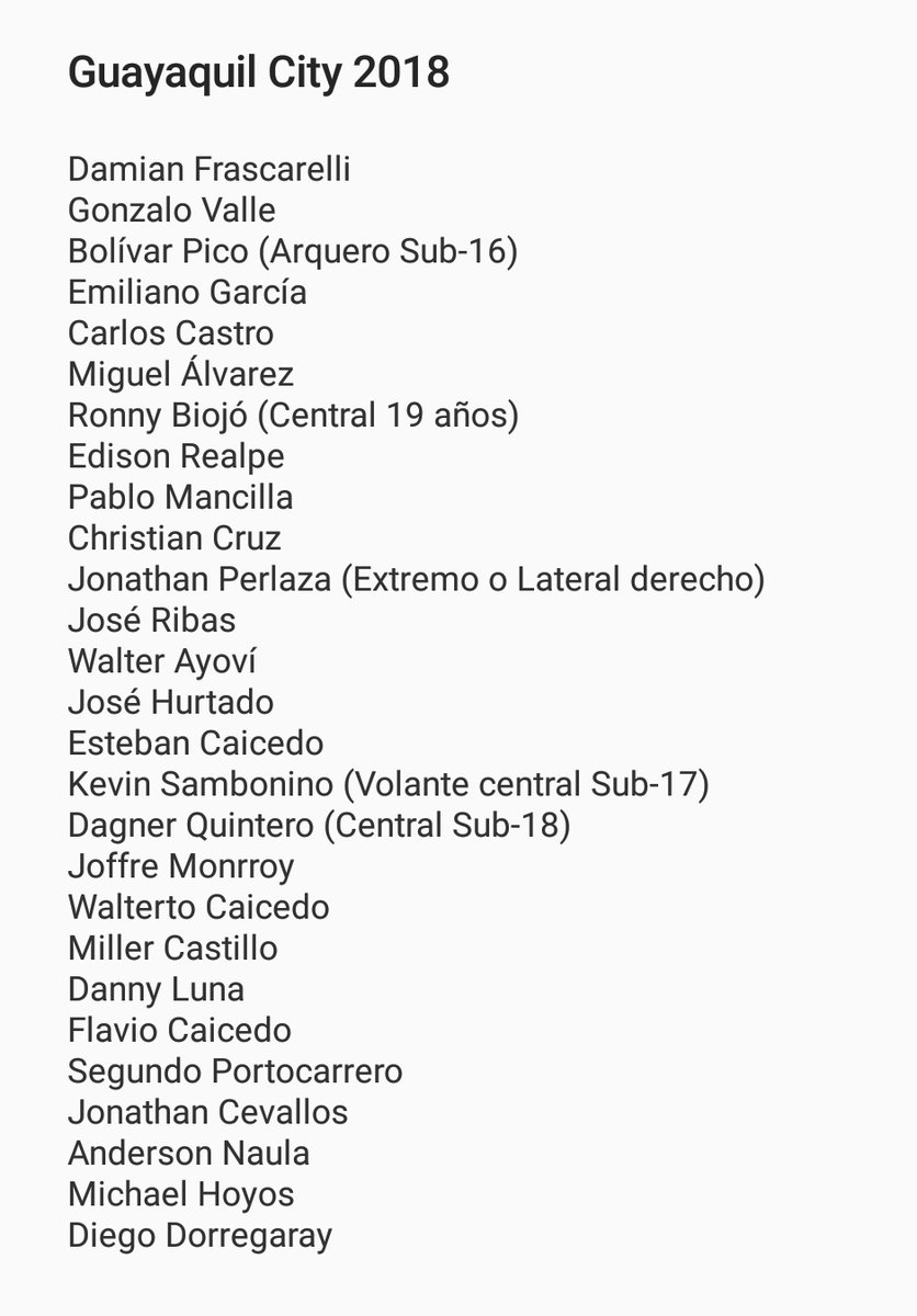 Lista de jugadores de Guayaquil City para la pretemporada 2018 en Esmeraldas