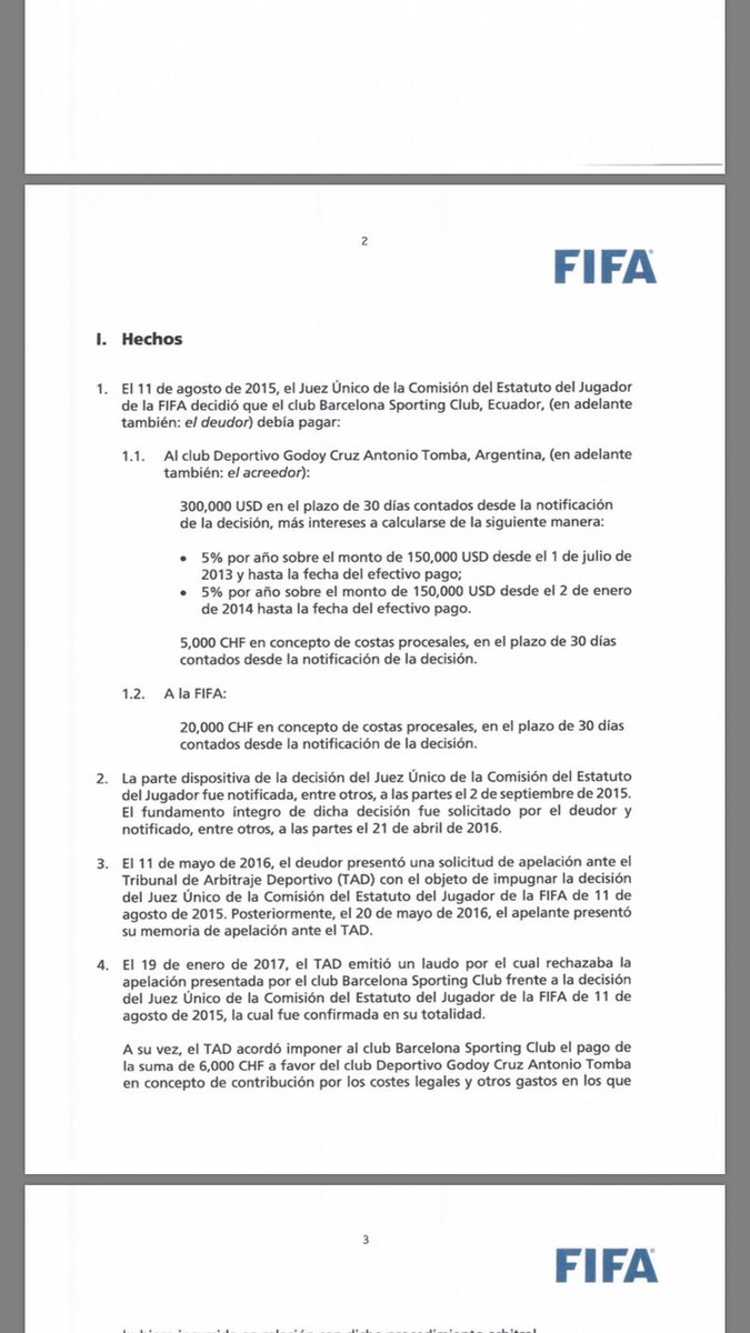 Notificación de FIFA a BSC por Nicolás Olmedo