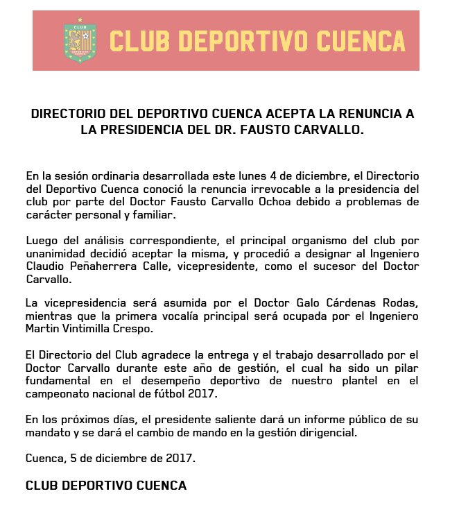 Deportivo Cuenca aceptó renuncia de Fausto Carvallo presidente del club