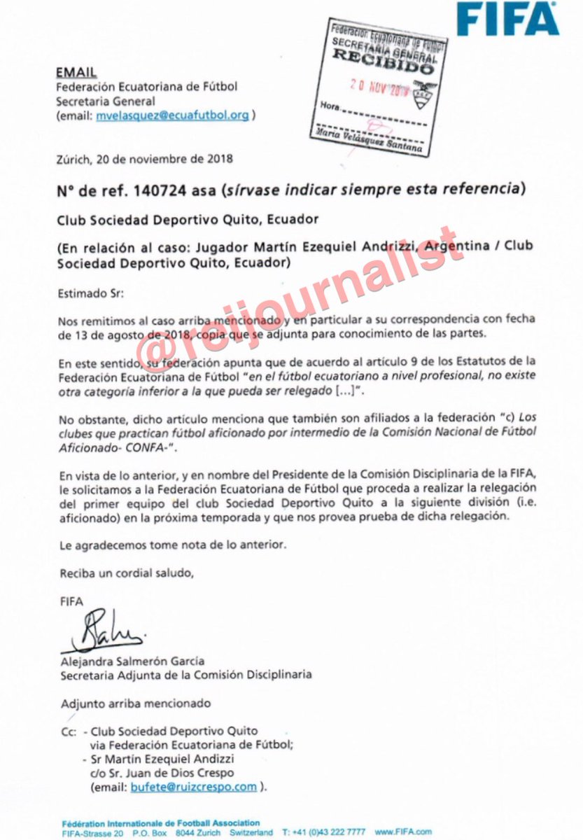 Sanción FIFA a Deportivo Quito