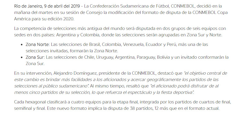 Copa América 2020 Formato - Sede