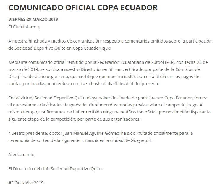 Comunicado Deportivo Quito Copa Ecuador
