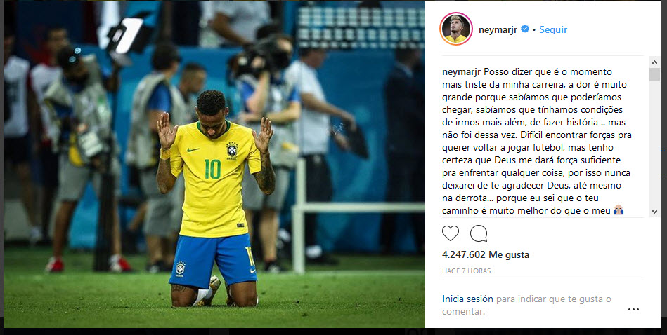 Mensaje de Neymar luego de la eliminación de Brasil en Rusia 2018