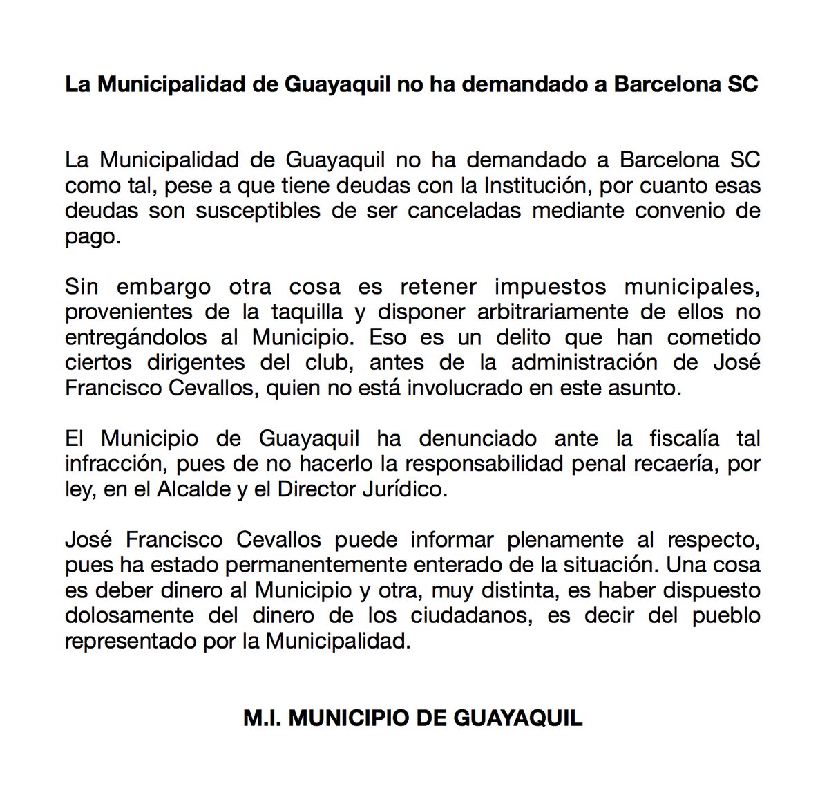 Alcaldía de Guayaquil desmitió haber demandado a BSC