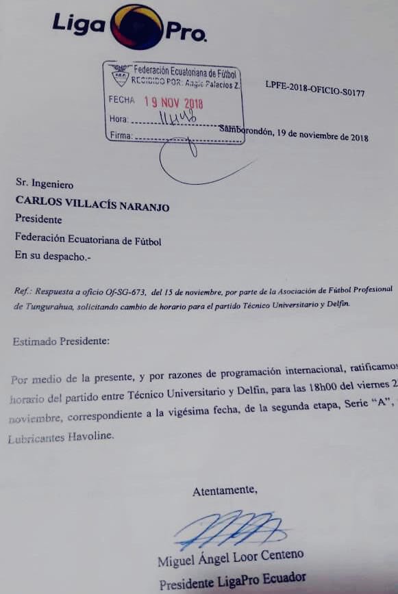 Aviso de Técnico Universitario que dedice no cambiar horario para el juego ante Delfín