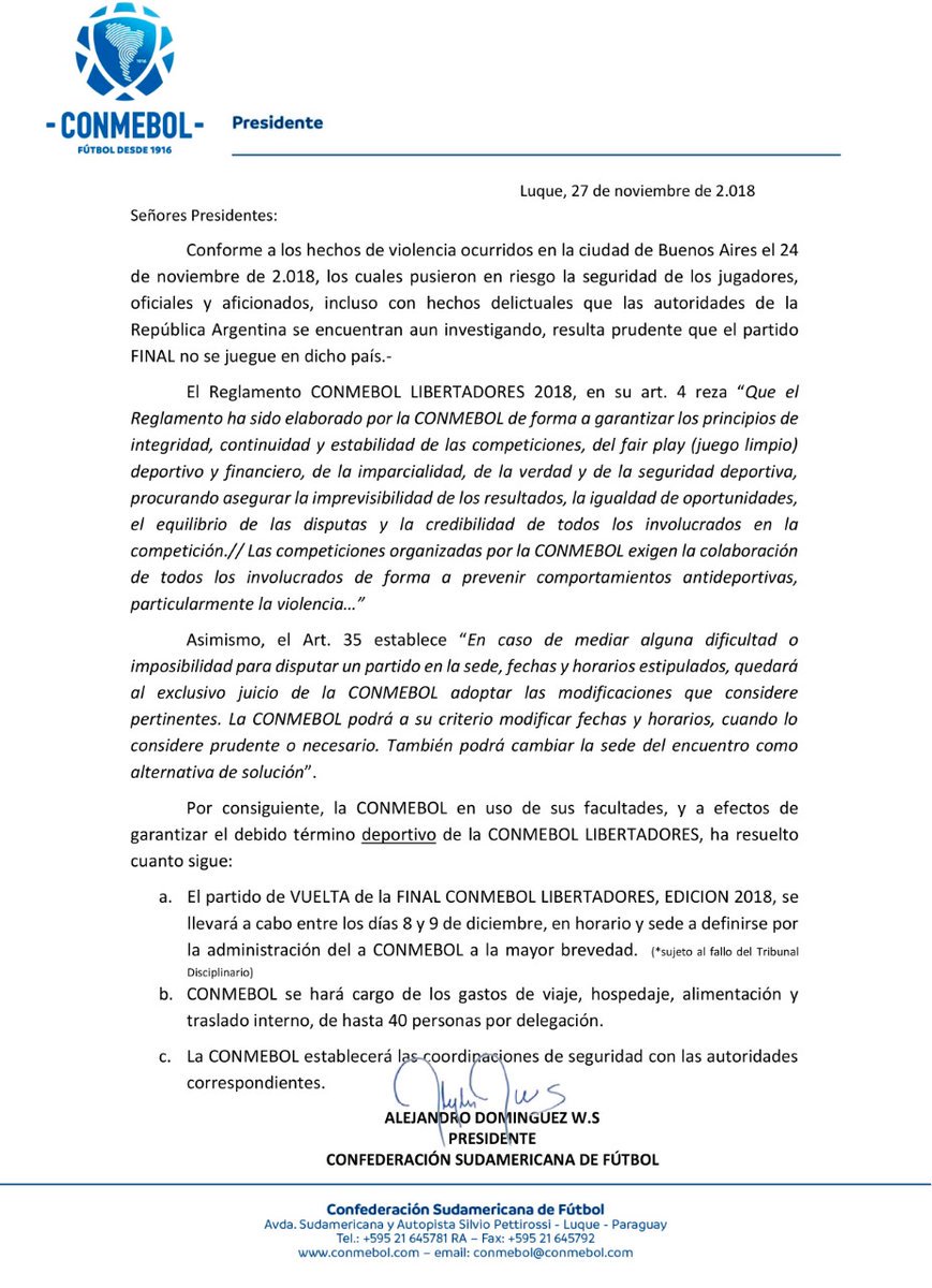 Comunicado de Conmebol para la final de vuelta de Libertadores 2018