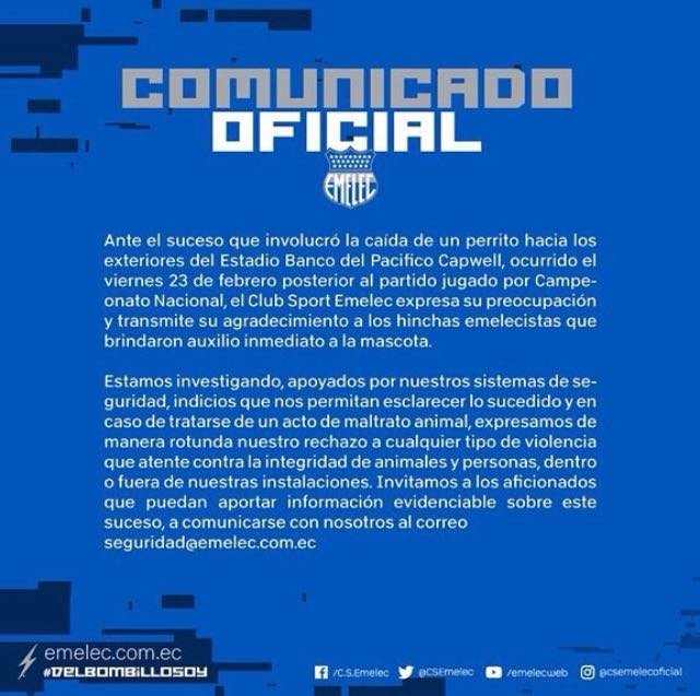 Comunicado de Emelec tras el arrojamiento de Brauny