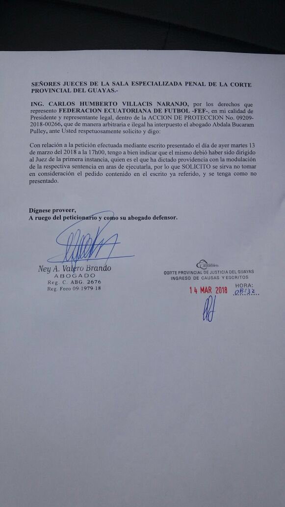 Comunicado dejar sin atención la prórroga presenta por la FEF