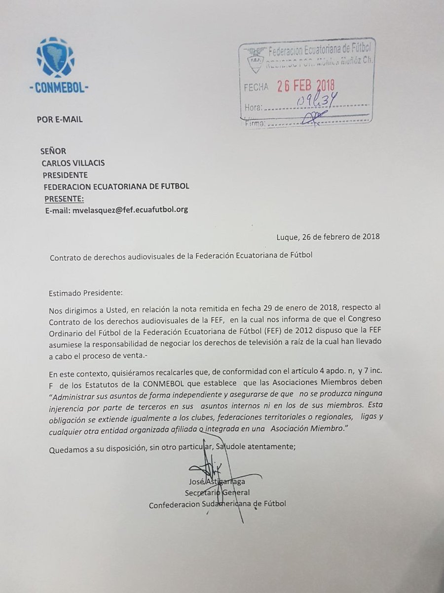 Conmebol respalda a la FEF por el contrato de derechos de tv