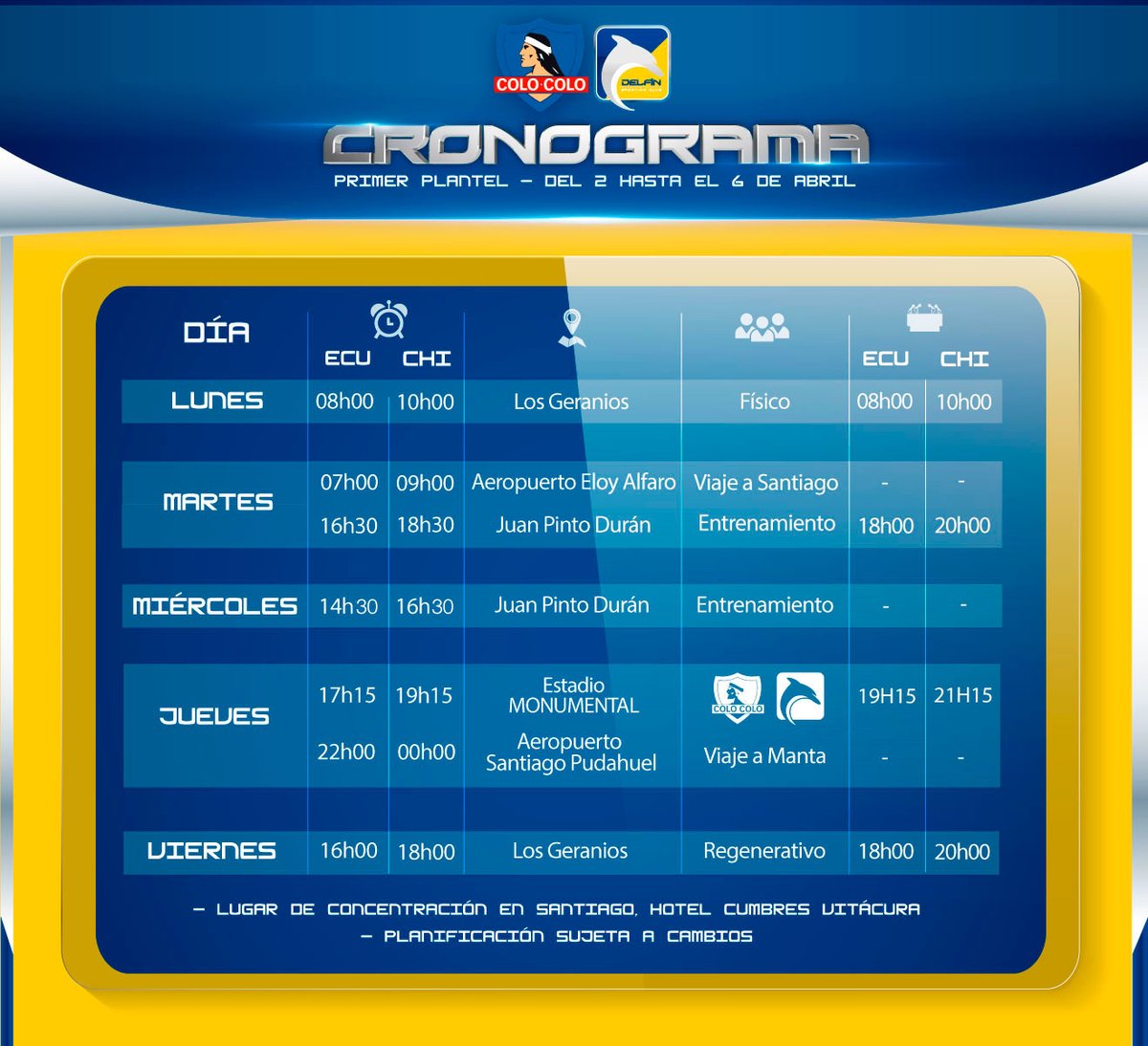 Cronograma Delfín de cara al partido con Colo Colo
