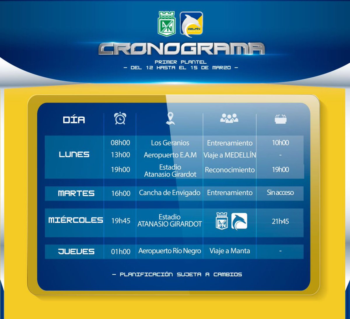 Cronograma de actividades Delfín para el partido con Atlético Nacional