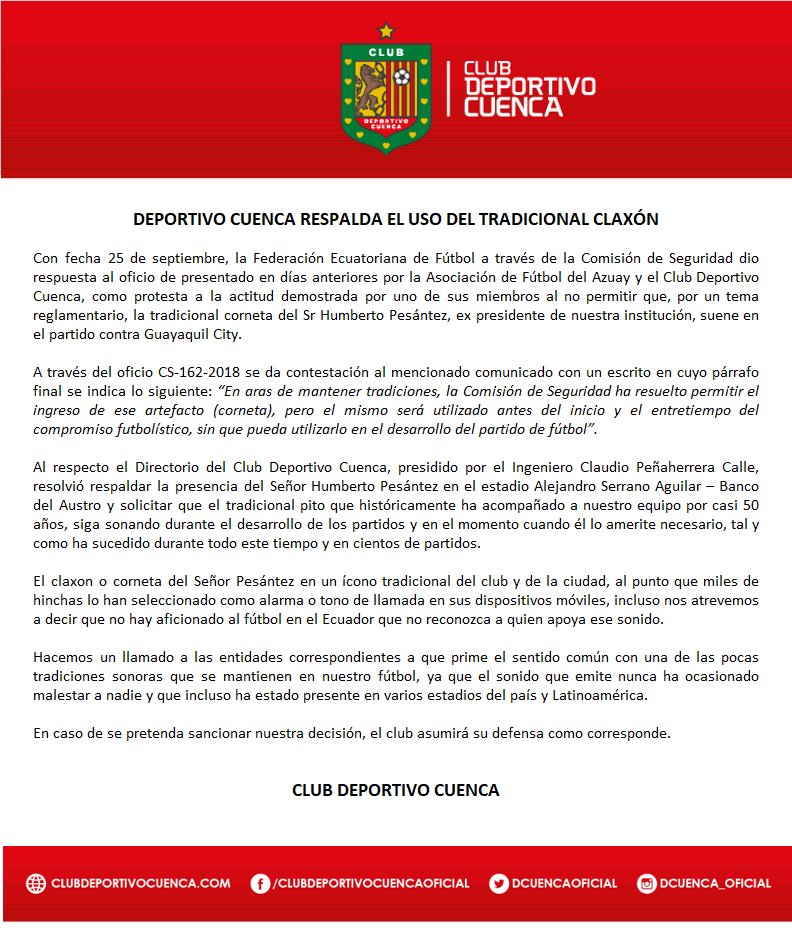 Deportivo Cuenca respalda el uso del claxon