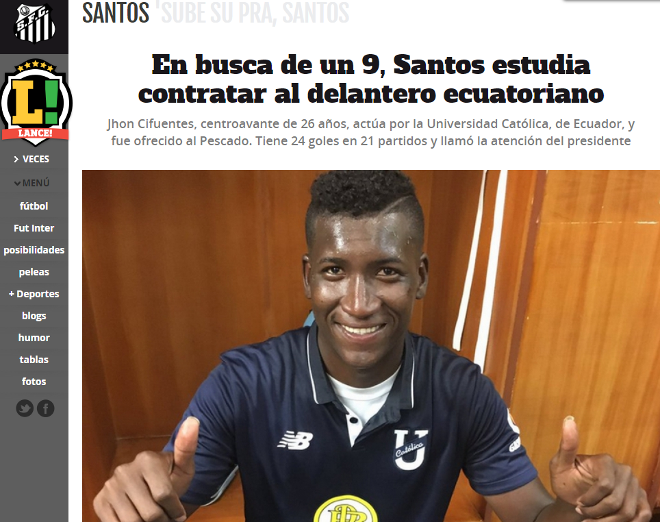 Jhon Cifuente a Santos informa Lance