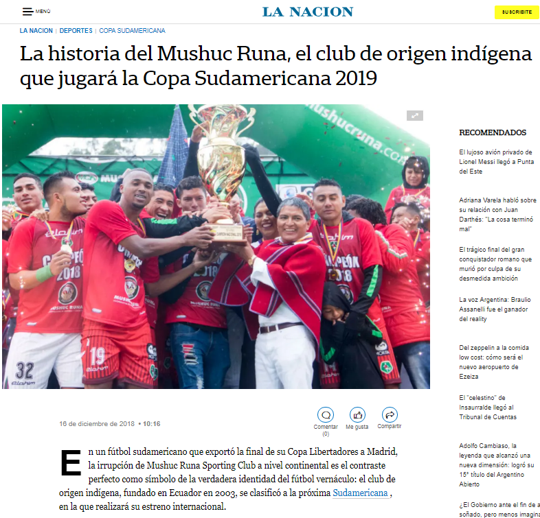 Medio argentino se hace eco de la histórica clasificación de Mushuc Runa a Copa Sudamericana 2019