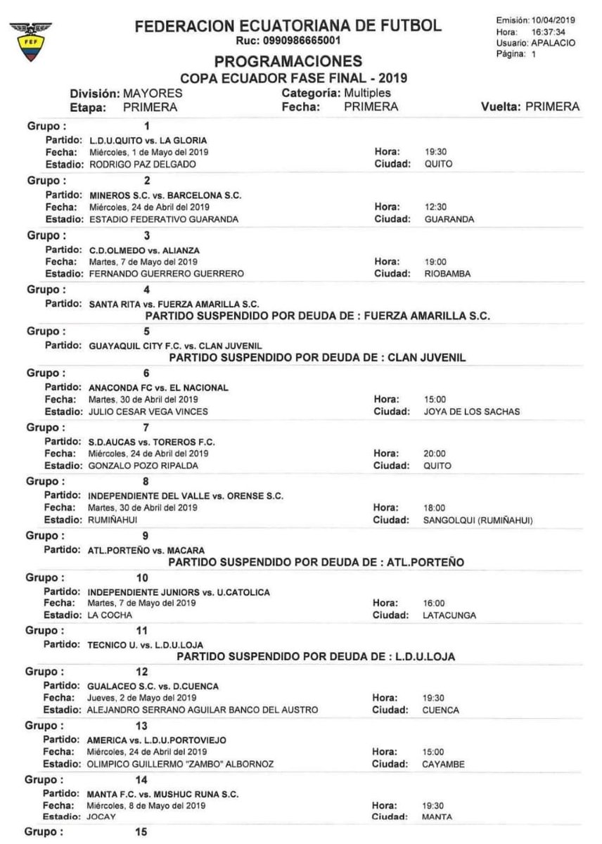 Programación Copa Ecuador - Partidos de Ida Tercera Fase