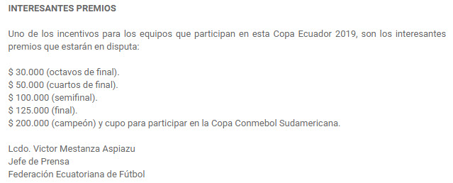 Copa Ecuador Premios Económicos 2019