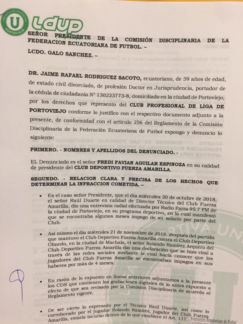 Denuncia Jugadores Fuerza Amarilla - Liga de Portoviejo 1