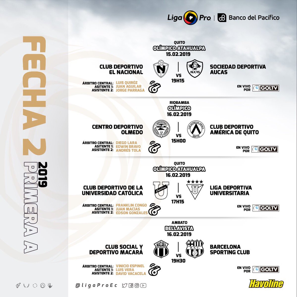 arbitros y horarios fecha 2 liga pro