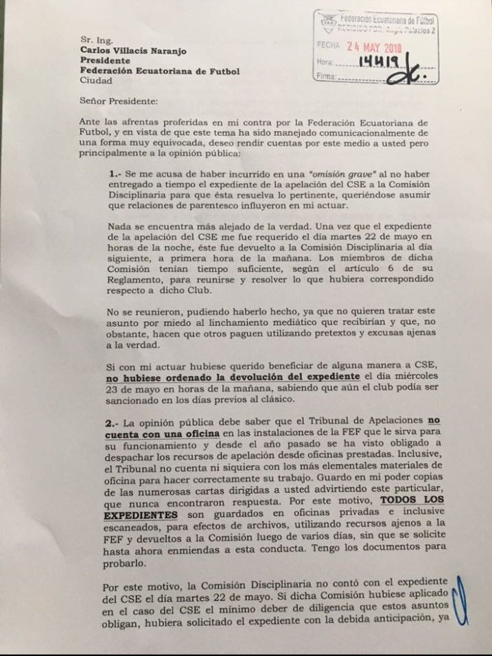 Respuesta Luis Idrovo Comisión de Apelaciones FEF