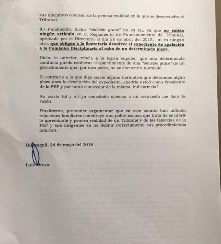 Respuesta Luis Idrovo Comisión de Apelaciones FEF