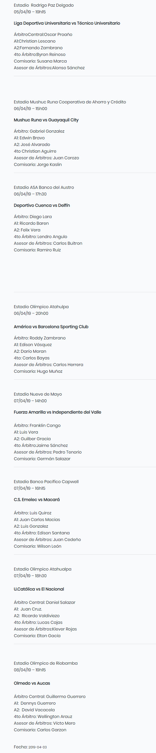 árbitros y horarios Fecha 8 Liga Pro Serie A 2019