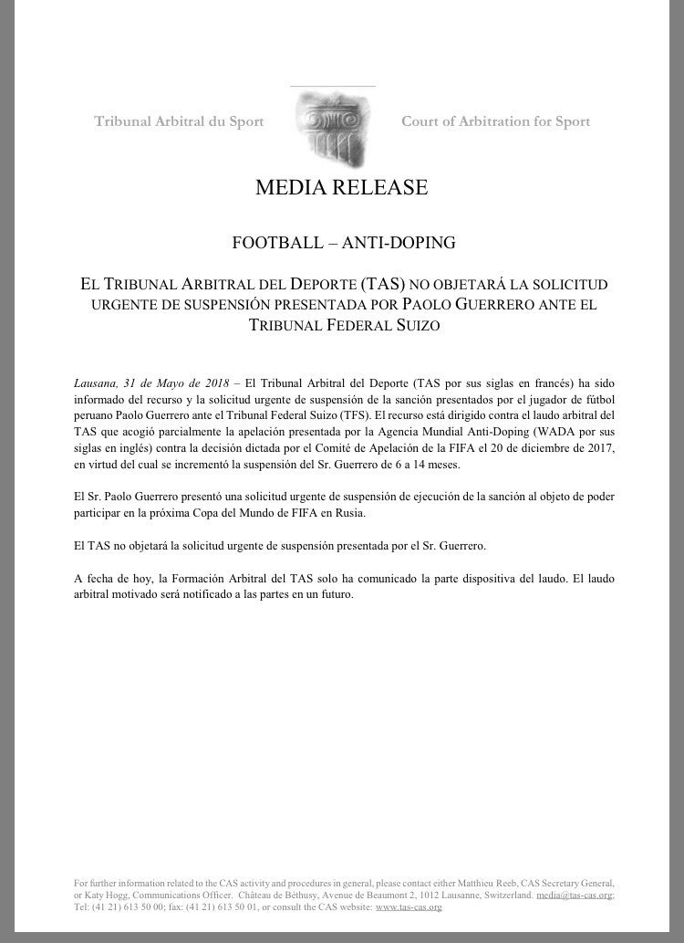 Comunicado Tribunal de Arbitraje del Deporte